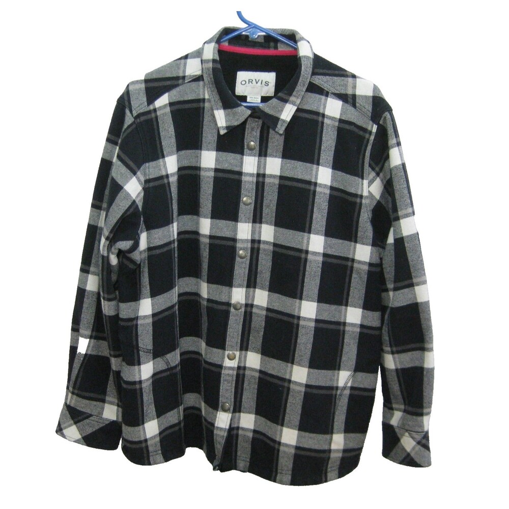Orvis Flannel Fleece Sweatshirt Jacket Womens 2XL Gray Checks Cotton Shirt Top